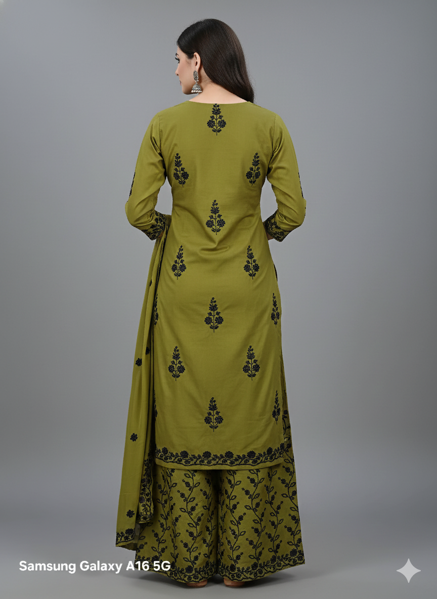 Olive Green Embroidered Palazzo Suit Set | 3 Piece Salwar Kameez | Office to Party Wear | Wedding Festive Dress
