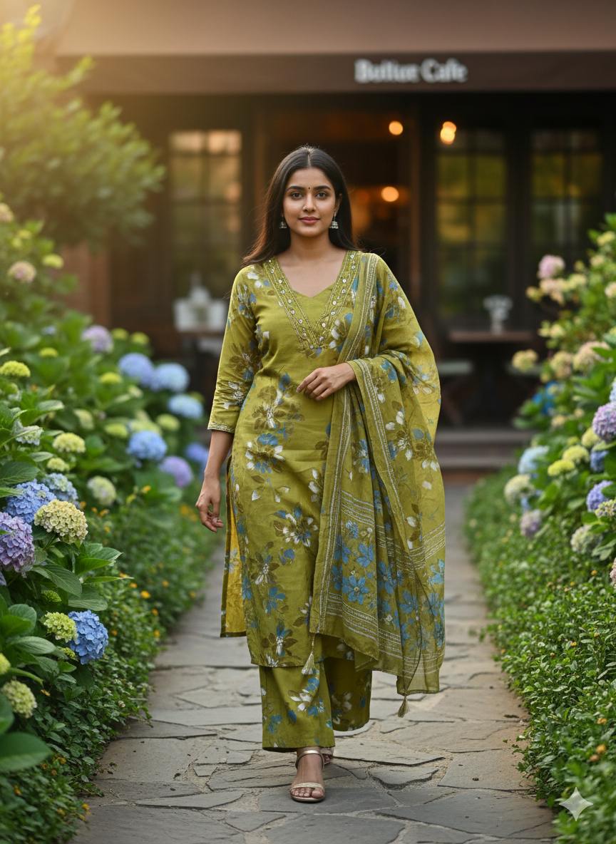 Olive Green Floral Print Suit Set | 3 Piece Salwar Kameez with Pants | Office to Party Wear | Festive Dress