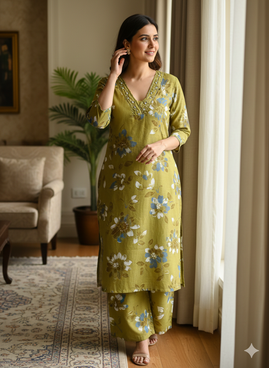 Olive Green Floral Print Suit Set | 3 Piece Salwar Kameez with Pants | Office to Party Wear | Festive Dress