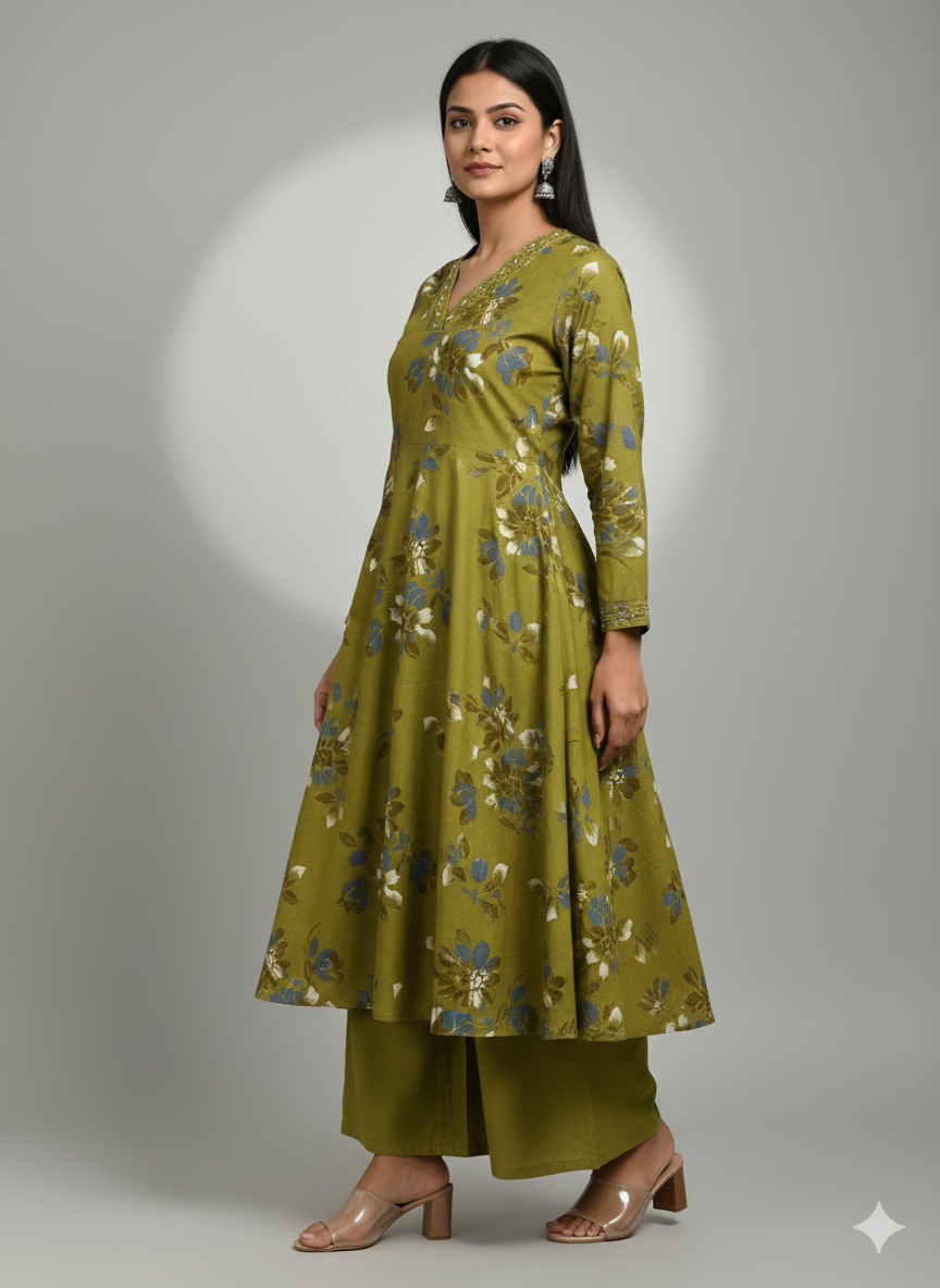 Olive Green Floral Print Suit Set | 3 Piece Salwar Kameez with Pants | Office to Party Wear | Festive Dress