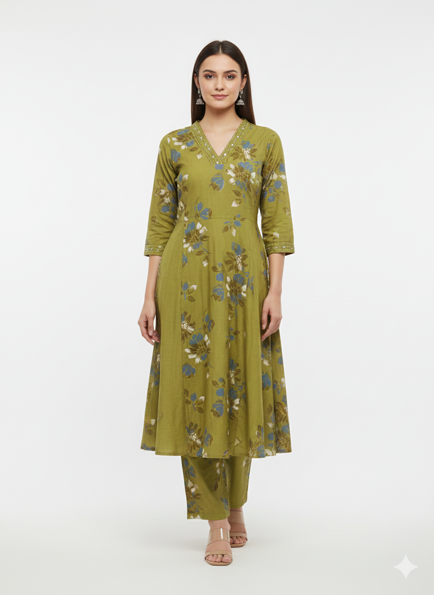 Olive Green Floral Print Suit Set | 3 Piece Salwar Kameez with Pants | Office to Party Wear | Festive Dress