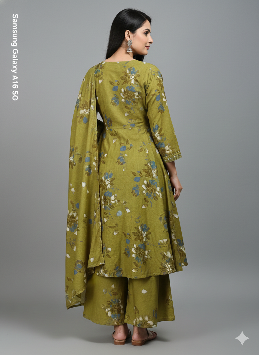 Olive Green Floral Print Suit Set | 3 Piece Salwar Kameez with Pants | Office to Party Wear | Festive Dress
