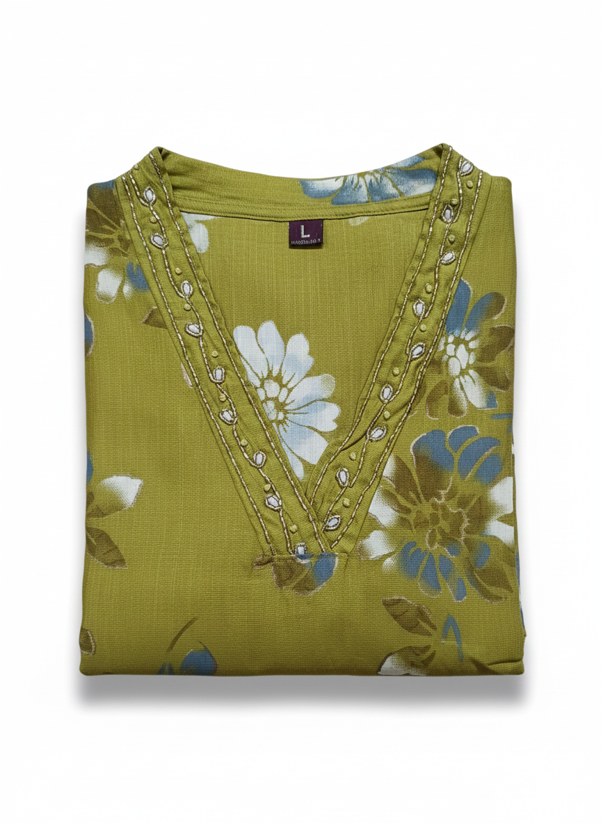 Olive Green Floral Print Suit Set | 3 Piece Salwar Kameez with Pants | Office to Party Wear | Festive Dress