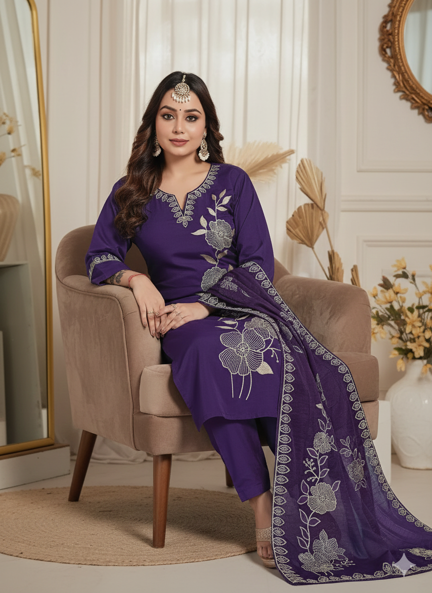Plum Purple Embroidered 3-Piece Suit for Women – Premium Shirt, Trouser & Dupatta | Festive & Party Wear Collection