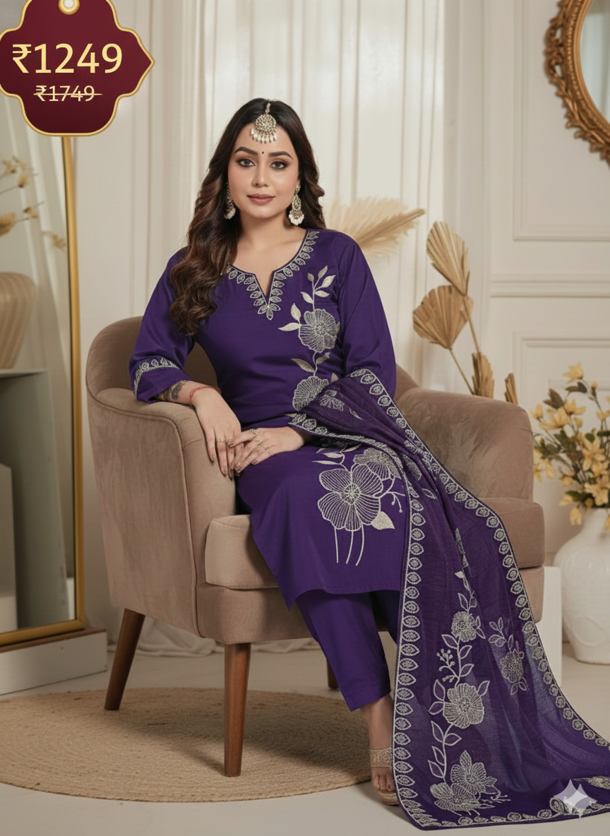 Plum Purple Embroidered 3-Piece Suit for Women – Premium Shirt, Trouser & Dupatta | Festive & Party Wear Collection