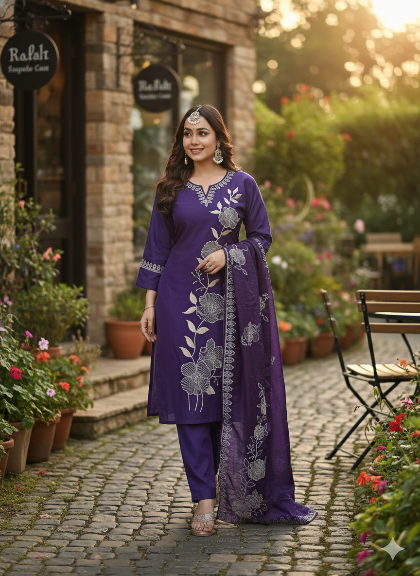 Plum Purple Embroidered 3-Piece Suit for Women – Premium Shirt, Trouser & Dupatta | Festive & Party Wear Collection
