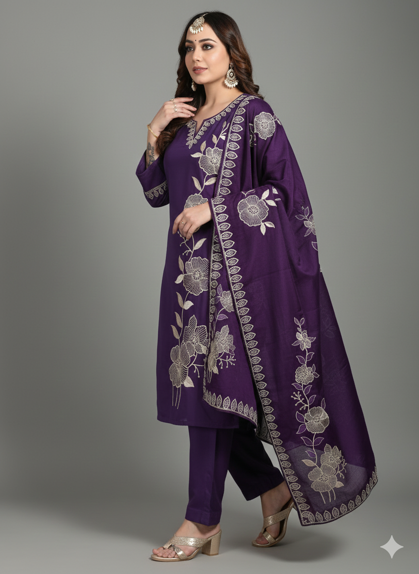 Plum Purple Embroidered 3-Piece Suit for Women – Premium Shirt, Trouser & Dupatta | Festive & Party Wear Collection
