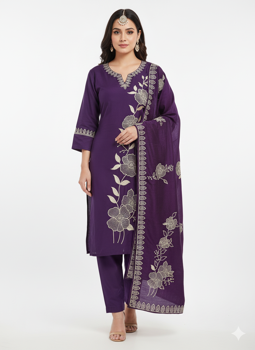 Plum Purple Embroidered 3-Piece Suit for Women – Premium Shirt, Trouser & Dupatta | Festive & Party Wear Collection