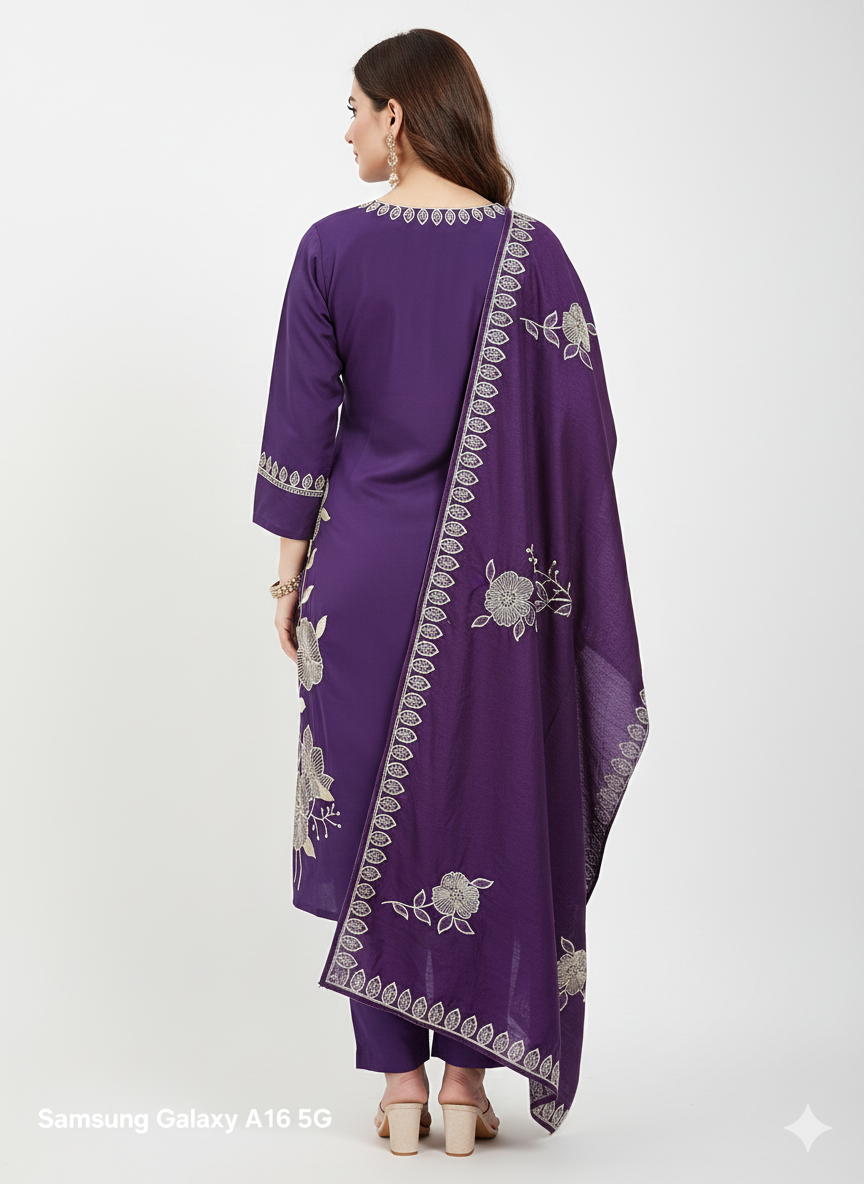 Plum Purple Embroidered 3-Piece Suit for Women – Premium Shirt, Trouser & Dupatta | Festive & Party Wear Collection