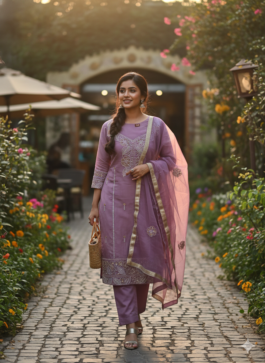 Purple Embroidered 3 Piece Kurta Set - Elegant Office to Evening Wear | Comfortable Daily Wear Suit with Floral Dupatta