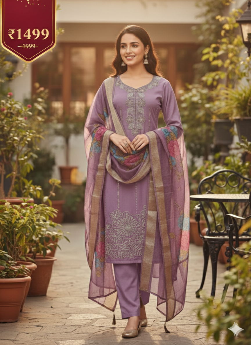 Purple Embroidered 3 Piece Kurta Set - Elegant Office to Evening Wear | Comfortable Daily Wear Suit with Floral Dupatta
