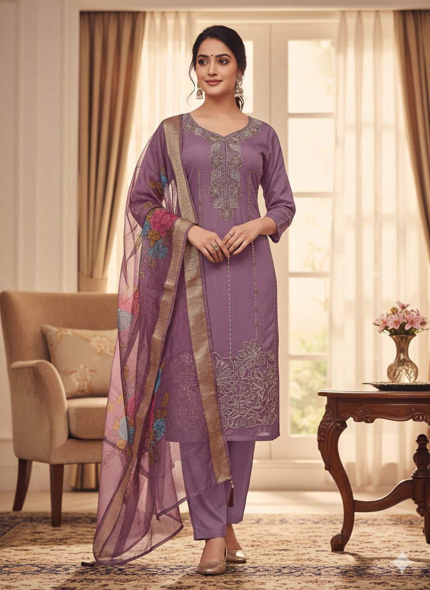 Purple Embroidered 3 Piece Kurta Set - Elegant Office to Evening Wear | Comfortable Daily Wear Suit with Floral Dupatta