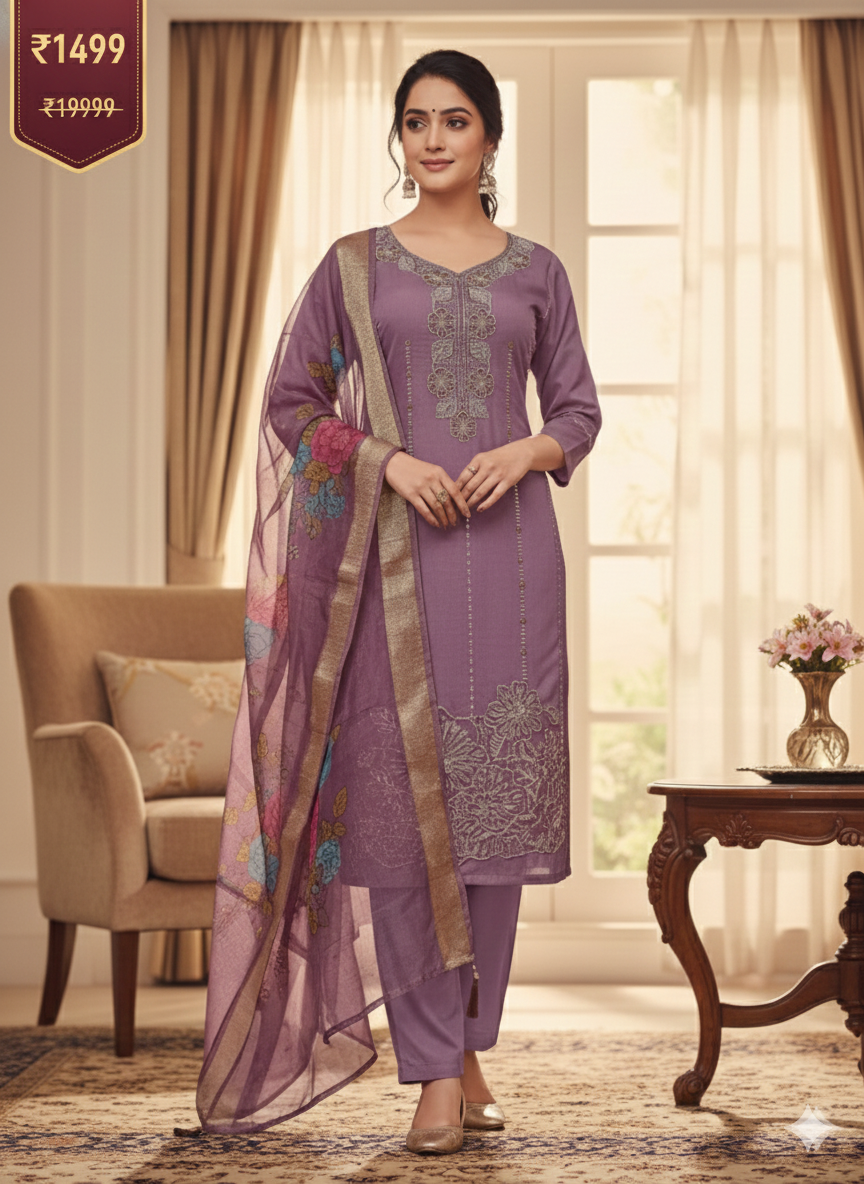 Purple Embroidered 3 Piece Kurta Set - Elegant Office to Evening Wear | Comfortable Daily Wear Suit with Floral Dupatta