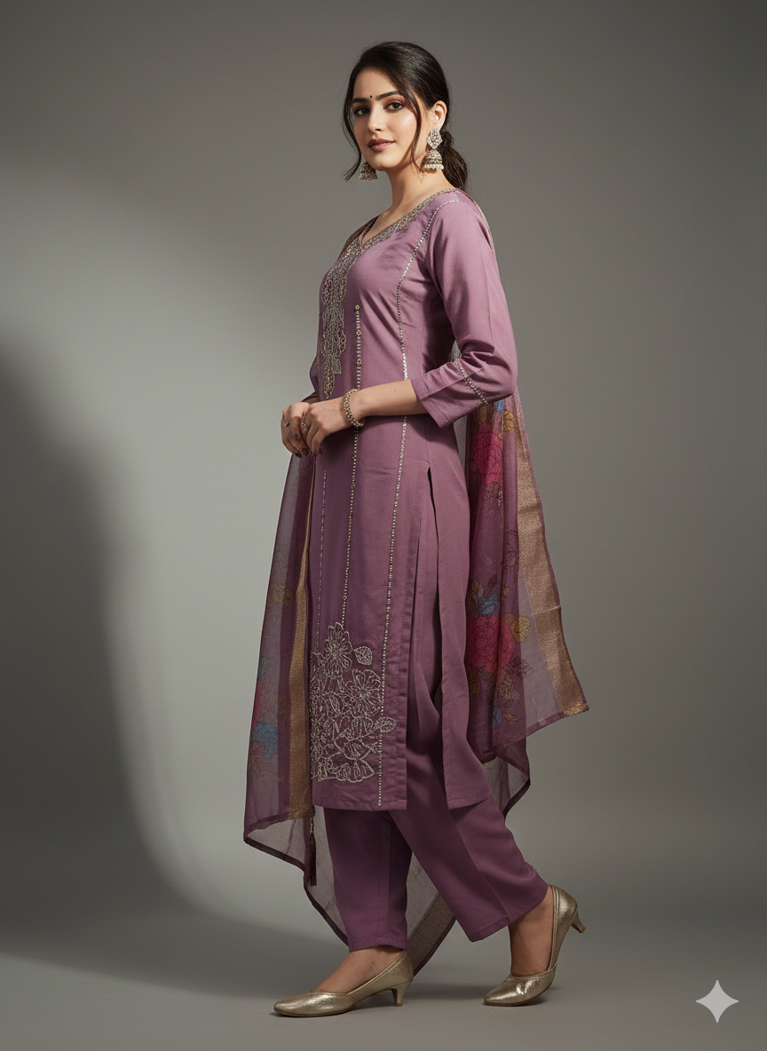 Purple Embroidered 3 Piece Kurta Set - Elegant Office to Evening Wear | Comfortable Daily Wear Suit with Floral Dupatta