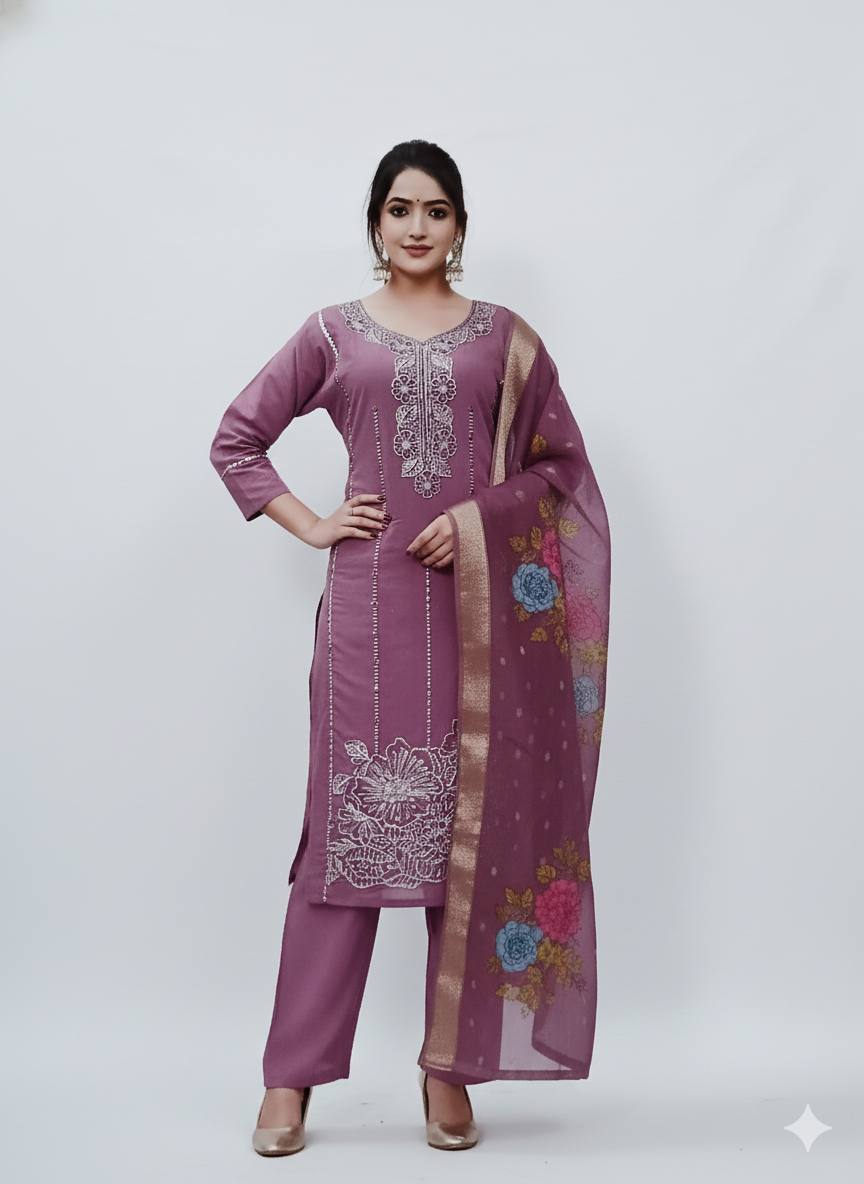 Purple Embroidered 3 Piece Kurta Set - Elegant Office to Evening Wear | Comfortable Daily Wear Suit with Floral Dupatta