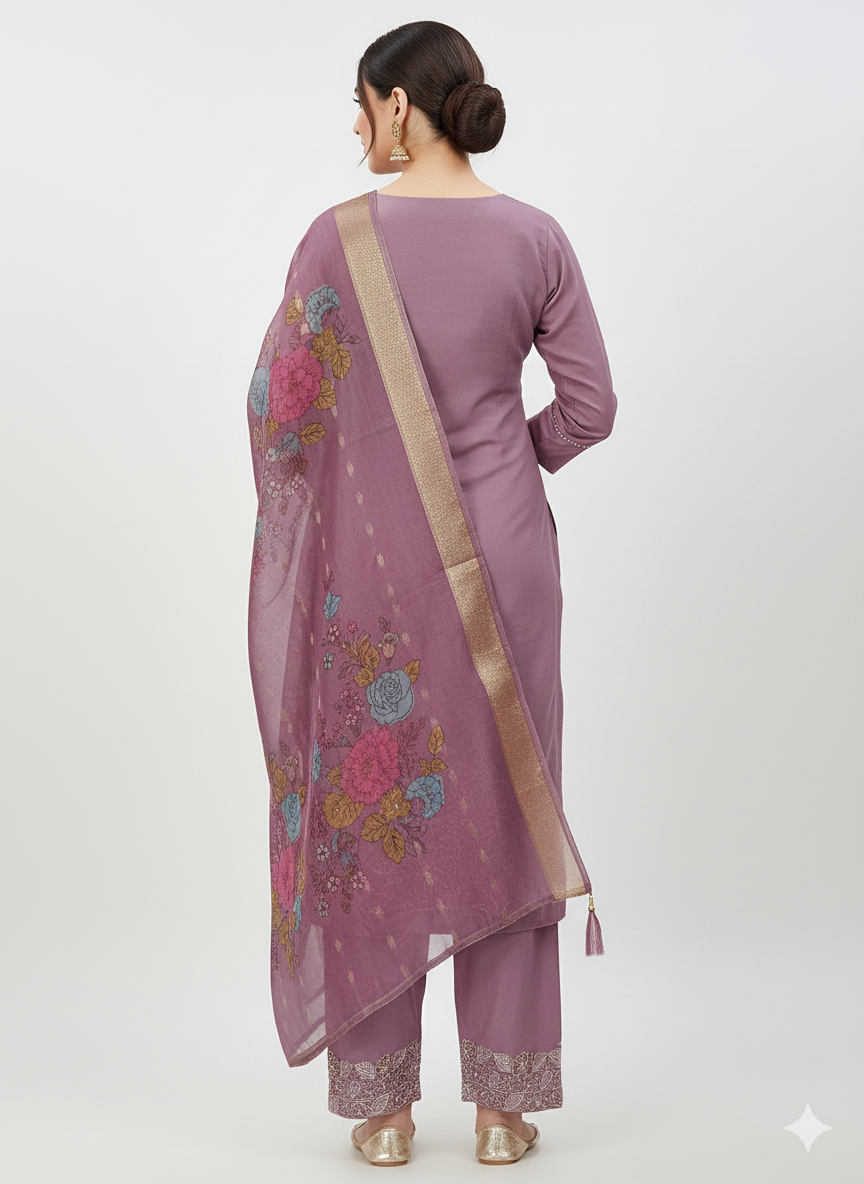 Purple Embroidered 3 Piece Kurta Set - Elegant Office to Evening Wear | Comfortable Daily Wear Suit with Floral Dupatta
