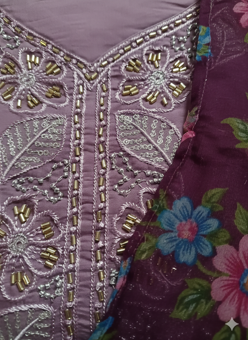 Purple Embroidered 3 Piece Kurta Set - Elegant Office to Evening Wear | Comfortable Daily Wear Suit with Floral Dupatta