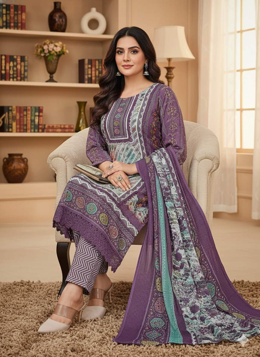 Radiant Multicolor Printed Lawn Suit with Intricate Ethnic Motifs – 3-Piece Set