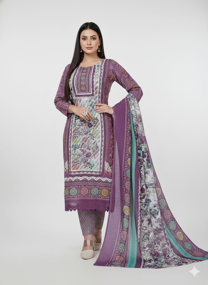 Radiant Multicolor Printed Lawn Suit with Intricate Ethnic Motifs – 3-Piece Set