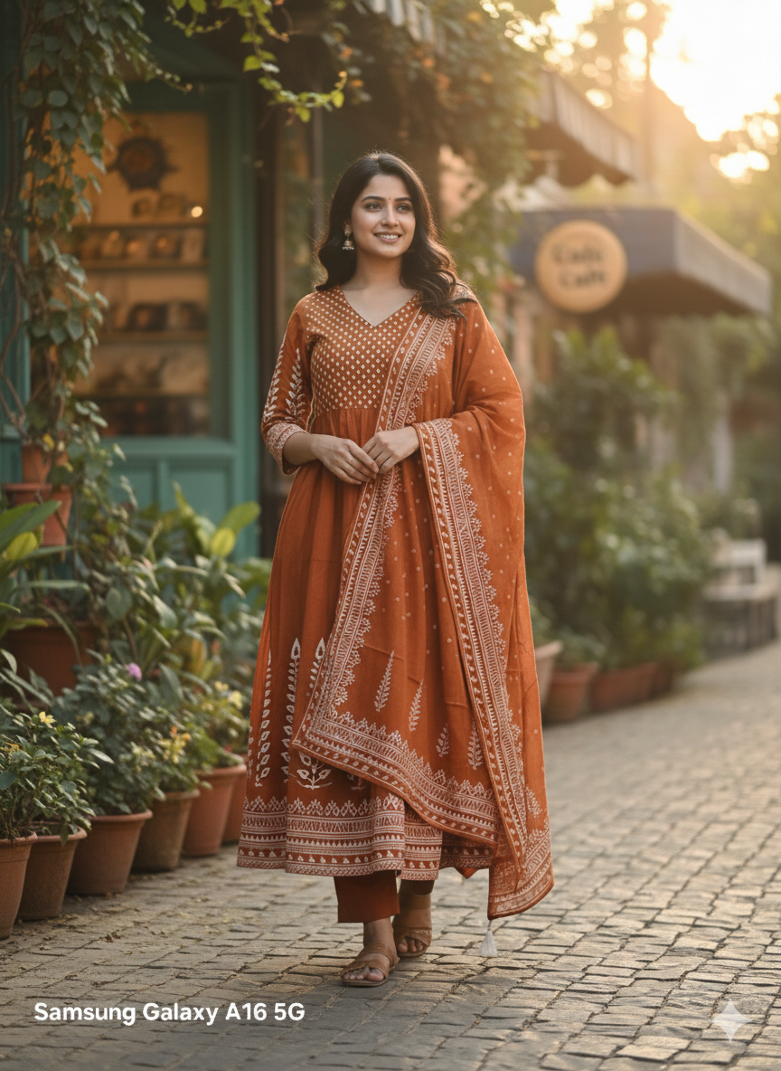 Rust Orange Cotton Anarkali Kurta Set with White Ethnic Embroidery & Dupatta