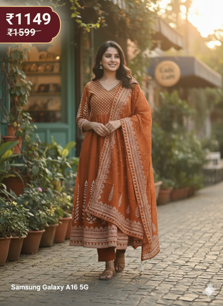 Rust Orange Cotton Anarkali Kurta Set with White Ethnic Embroidery & Dupatta