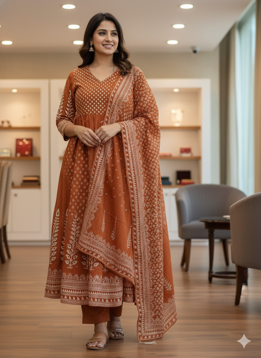Rust Orange Cotton Anarkali Kurta Set with White Ethnic Embroidery & Dupatta