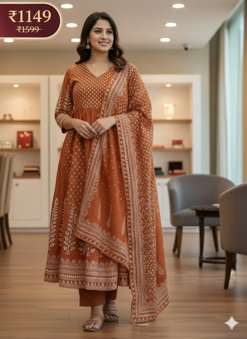 Rust Orange Cotton Anarkali Kurta Set with White Ethnic Embroidery & Dupatta