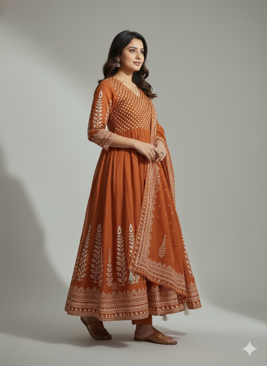 Rust Orange Cotton Anarkali Kurta Set with White Ethnic Embroidery & Dupatta