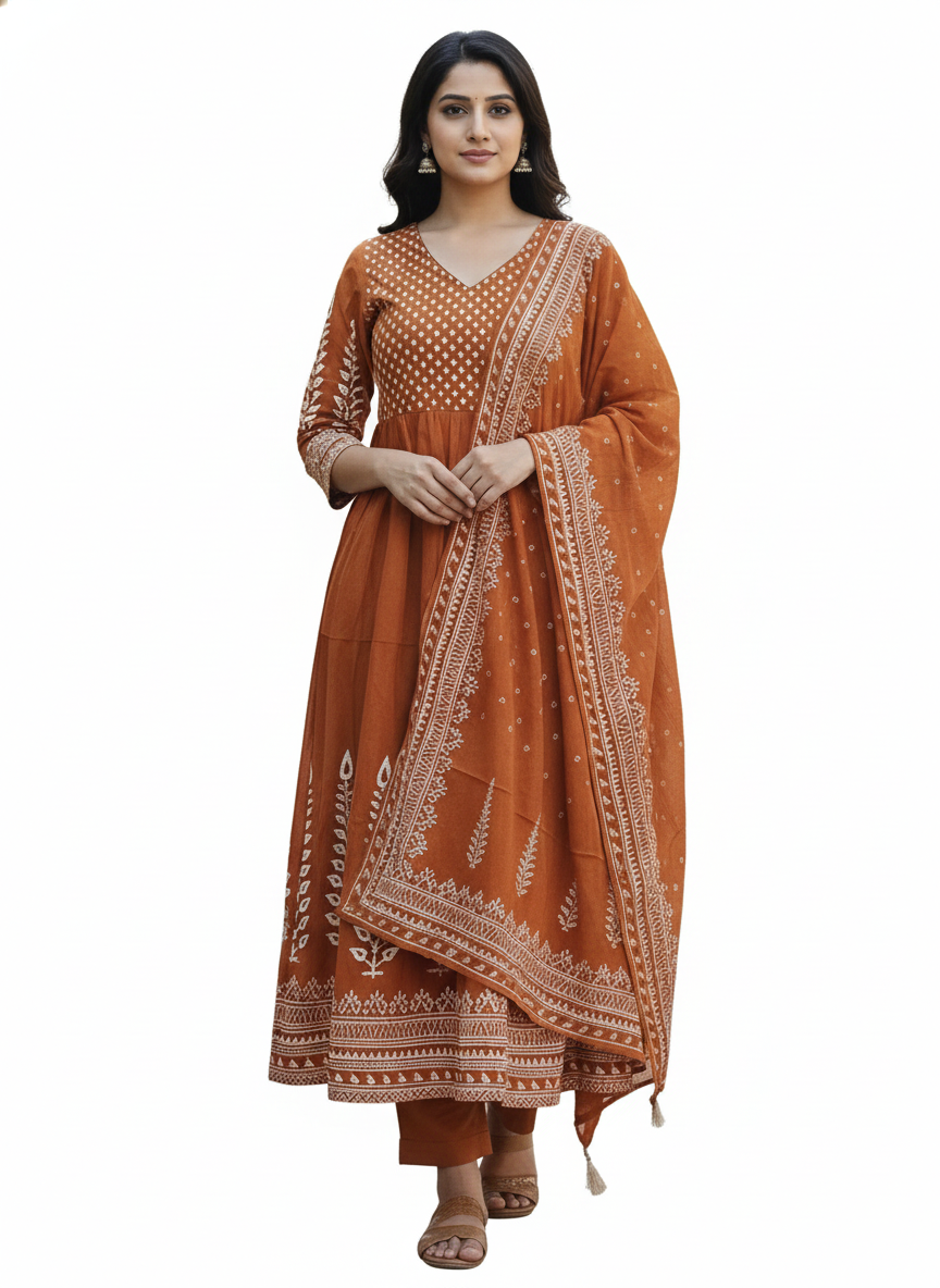 Rust Orange Cotton Anarkali Kurta Set with White Ethnic Embroidery & Dupatta