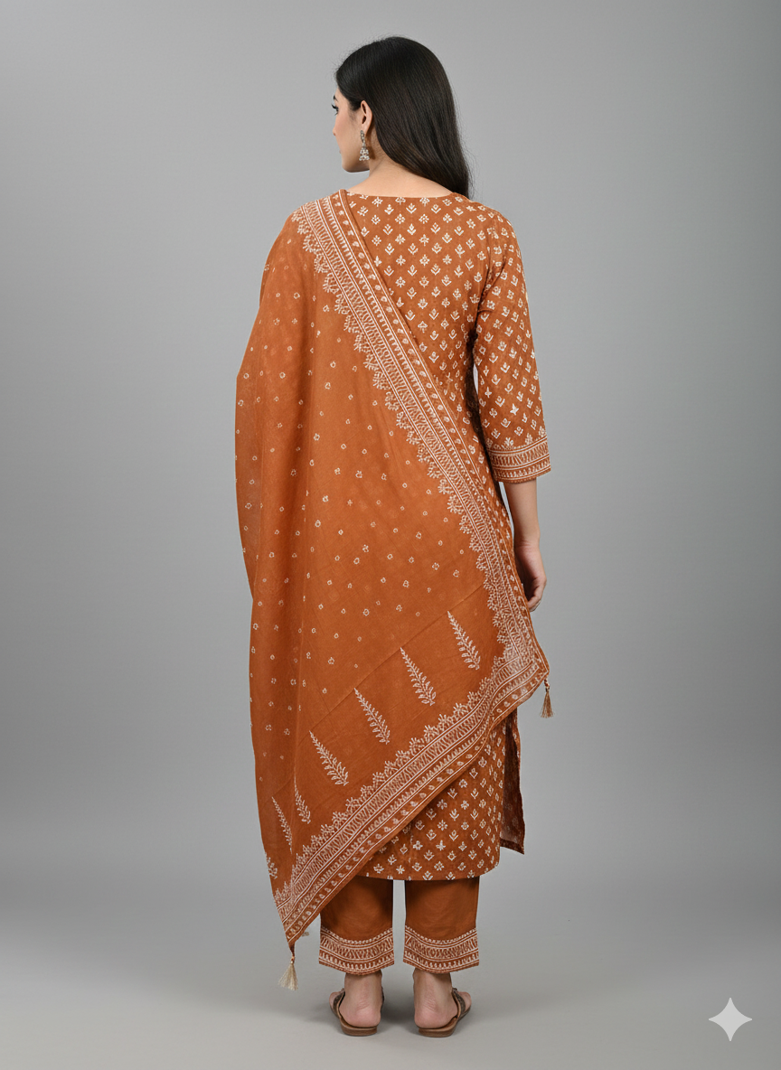 Rust Orange Cotton Anarkali Kurta Set with White Ethnic Embroidery & Dupatta
