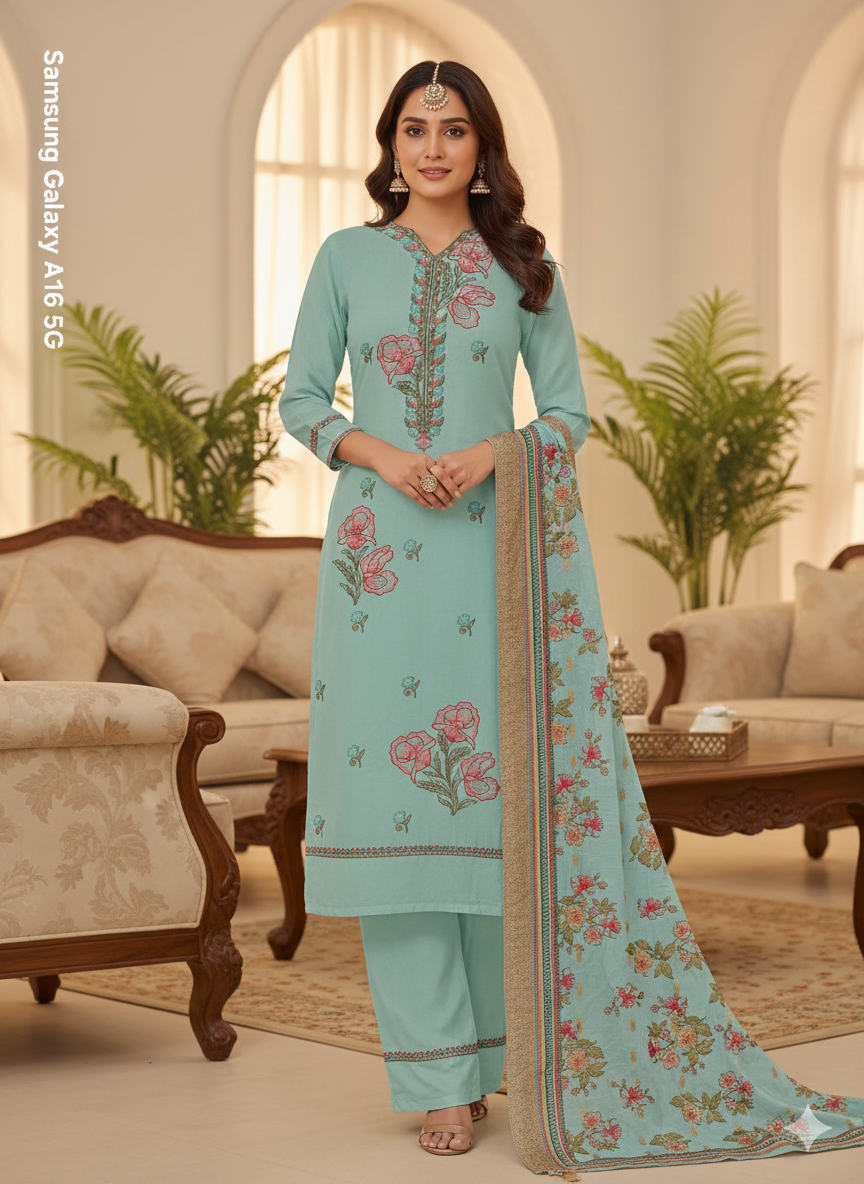 Sky Blue Floral Embroidered 3 Piece Kurta Set - Elegant Office & Festive Wear | Premium Daily Wear Suit with Golden Border Dupatta