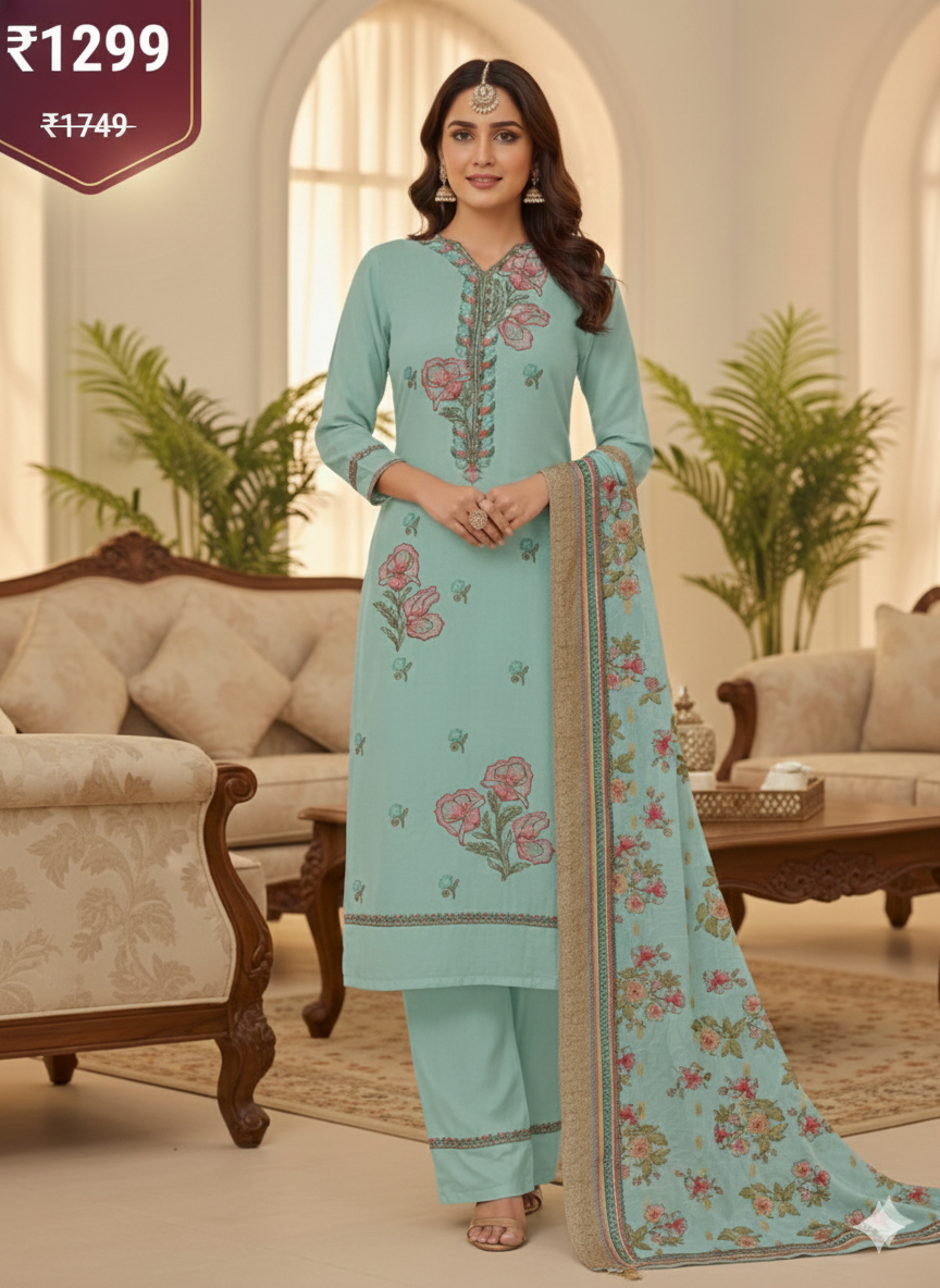 Sky Blue Floral Embroidered 3 Piece Kurta Set - Elegant Office & Festive Wear | Premium Daily Wear Suit with Golden Border Dupatta