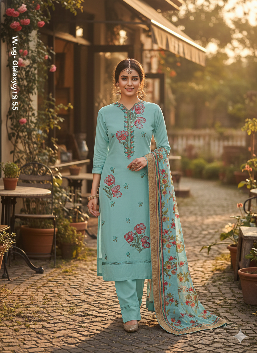 Sky Blue Floral Embroidered 3 Piece Kurta Set - Elegant Office & Festive Wear | Premium Daily Wear Suit with Golden Border Dupatta