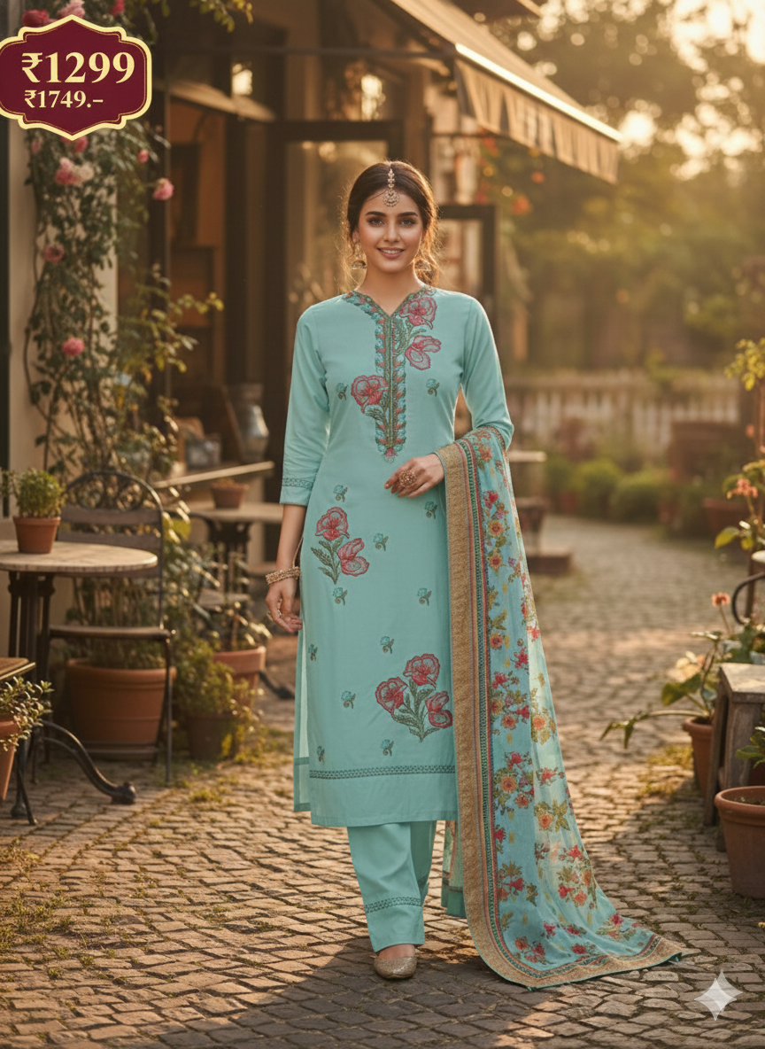 Sky Blue Floral Embroidered 3 Piece Kurta Set - Elegant Office & Festive Wear | Premium Daily Wear Suit with Golden Border Dupatta