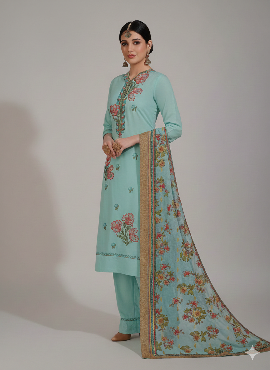 Sky Blue Floral Embroidered 3 Piece Kurta Set - Elegant Office & Festive Wear | Premium Daily Wear Suit with Golden Border Dupatta
