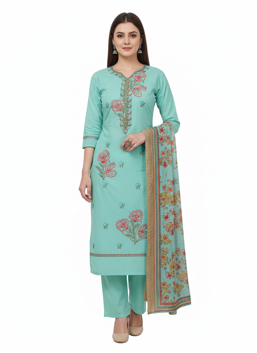 Sky Blue Floral Embroidered 3 Piece Kurta Set - Elegant Office & Festive Wear | Premium Daily Wear Suit with Golden Border Dupatta