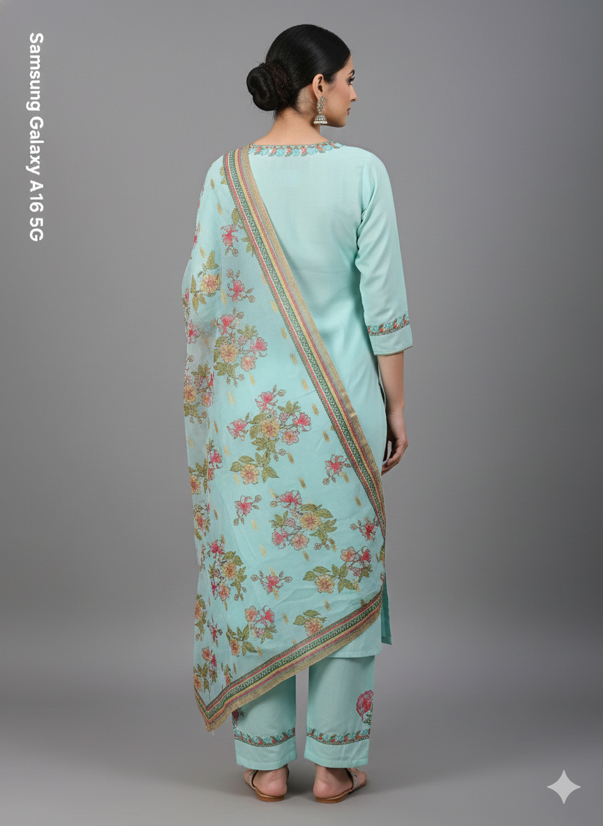 Sky Blue Floral Embroidered 3 Piece Kurta Set - Elegant Office & Festive Wear | Premium Daily Wear Suit with Golden Border Dupatta