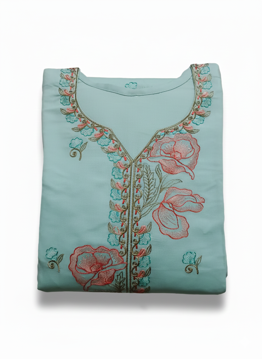 Sky Blue Floral Embroidered 3 Piece Kurta Set - Elegant Office & Festive Wear | Premium Daily Wear Suit with Golden Border Dupatta