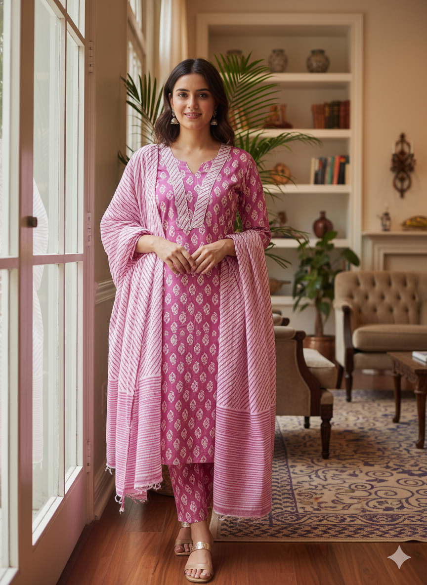 Soft Mauve Handblocked Printed Cotton Suit Set with Striped Dupatta