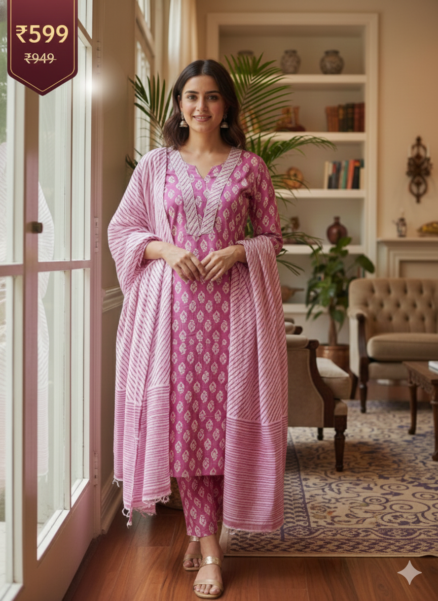 Soft Mauve Handblocked Printed Cotton Suit Set with Striped Dupatta