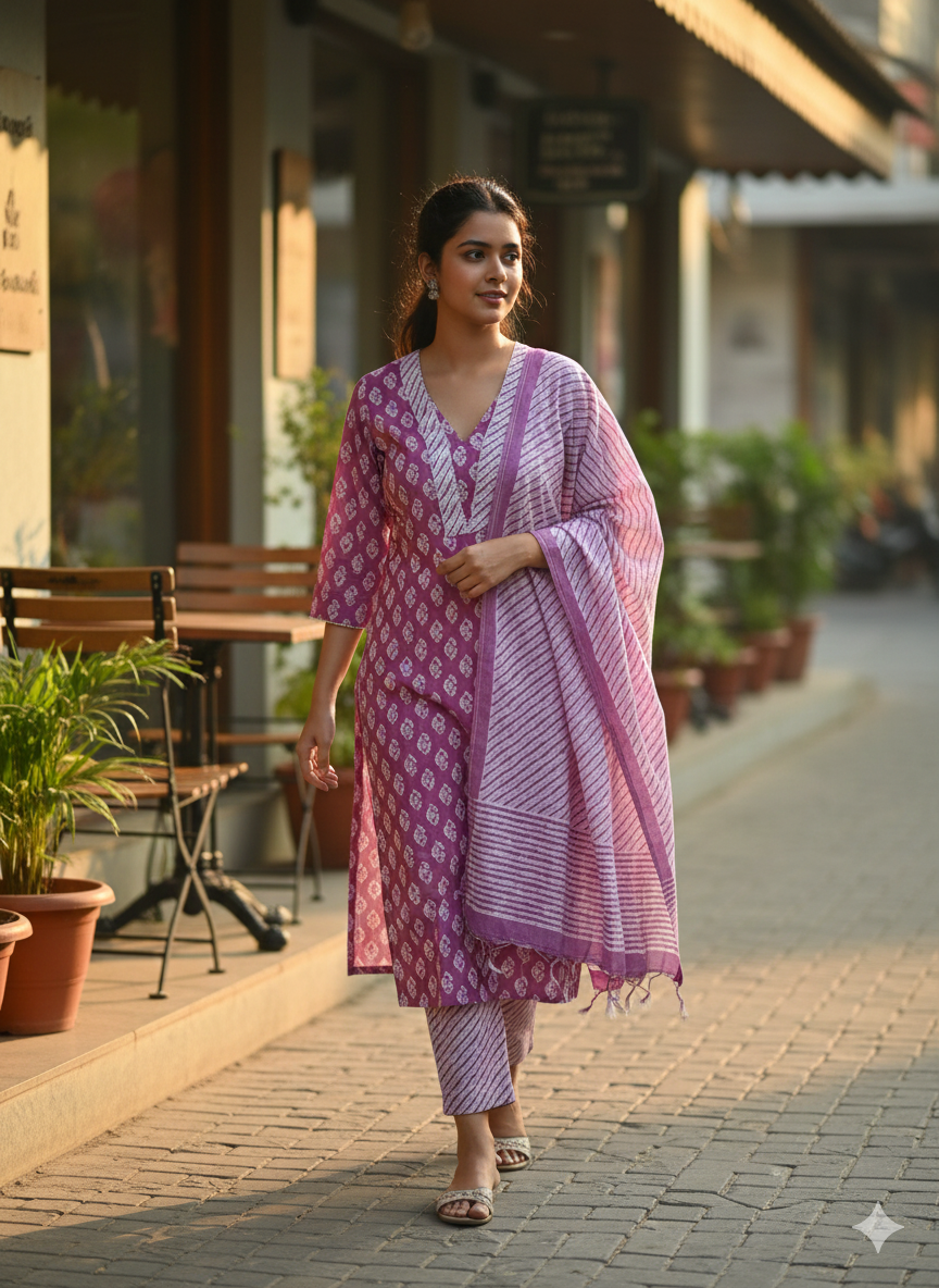 Soft Mauve Handblocked Printed Cotton Suit Set with Striped Dupatta