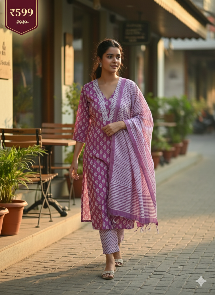 Soft Mauve Handblocked Printed Cotton Suit Set with Striped Dupatta