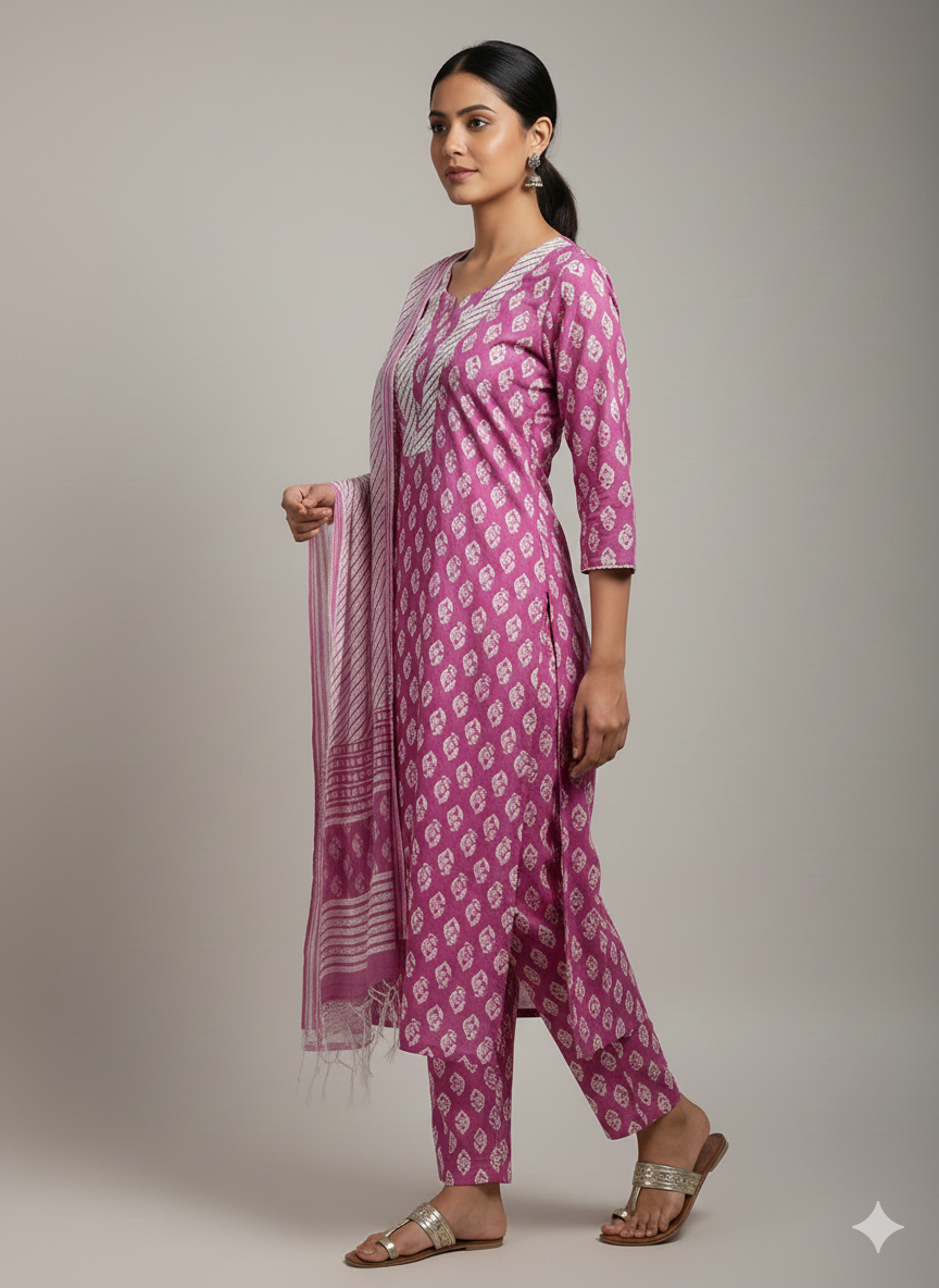 Soft Mauve Handblocked Printed Cotton Suit Set with Striped Dupatta