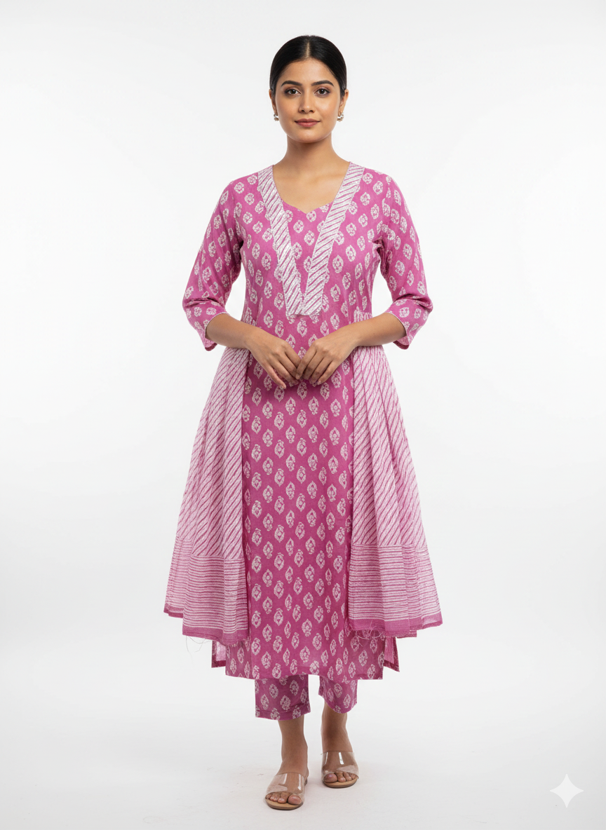 Soft Mauve Handblocked Printed Cotton Suit Set with Striped Dupatta