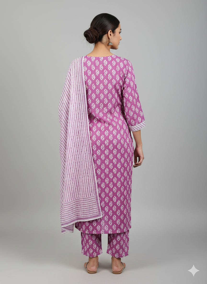 Soft Mauve Handblocked Printed Cotton Suit Set with Striped Dupatta