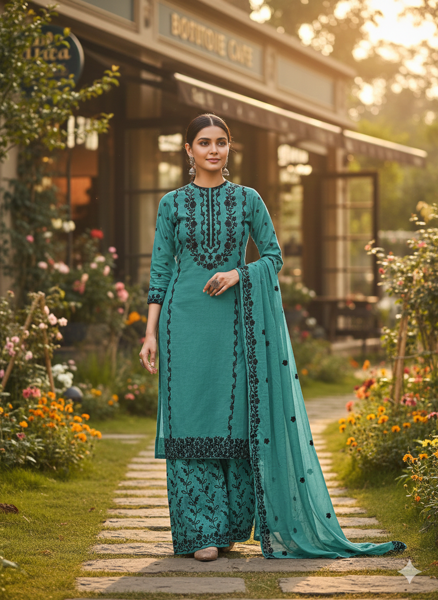 Teal Blue Embroidered 3 Piece Palazzo Suit Set - Elegant Office to Party Wear | Premium Daily Wear Kurta with Black Embroidery