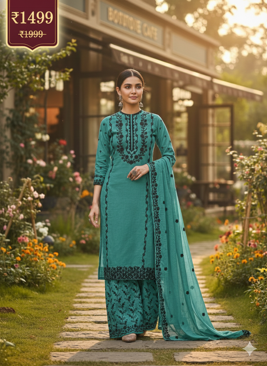 Teal Blue Embroidered 3 Piece Palazzo Suit Set - Elegant Office to Party Wear | Premium Daily Wear Kurta with Black Embroidery