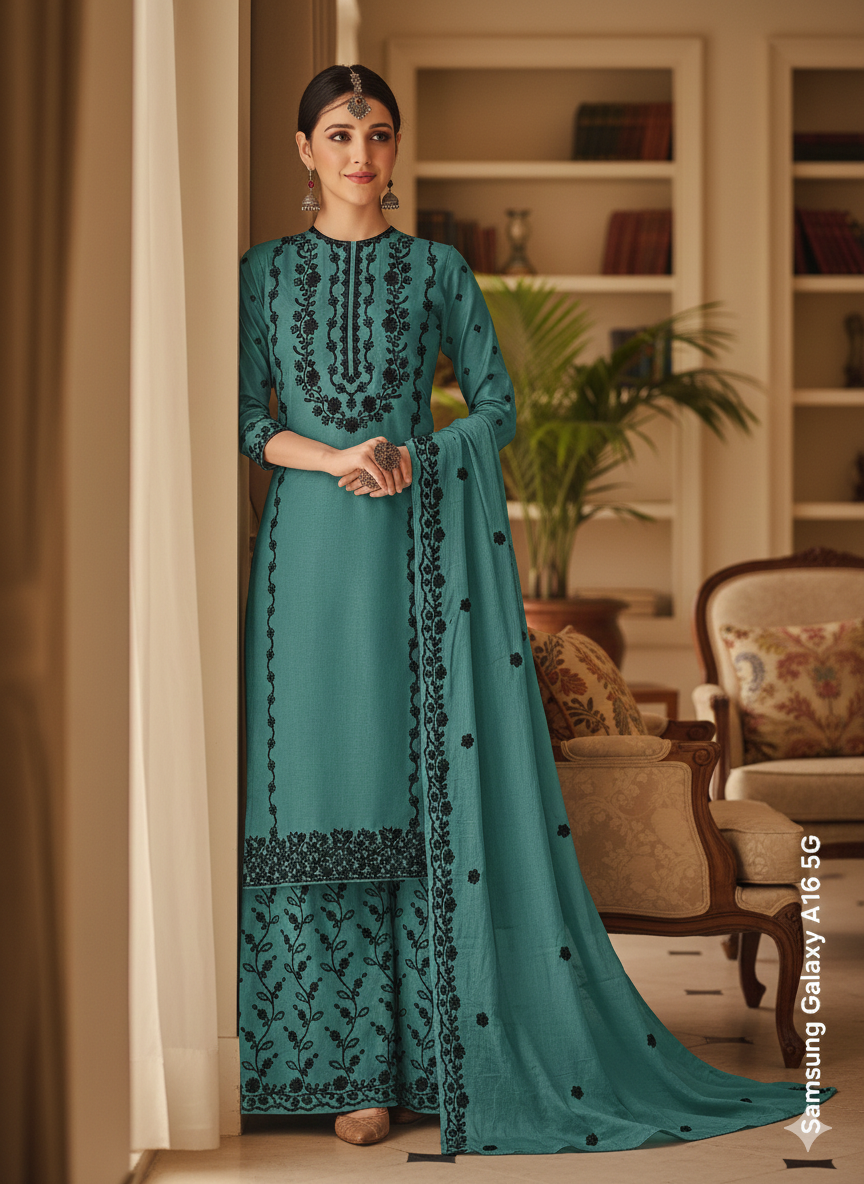 Teal Blue Embroidered 3 Piece Palazzo Suit Set - Elegant Office to Party Wear | Premium Daily Wear Kurta with Black Embroidery