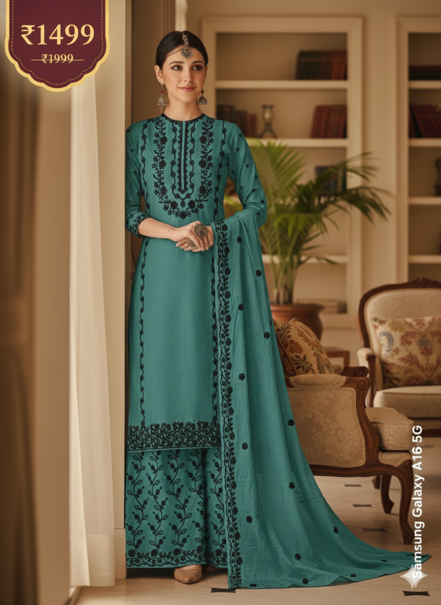 Teal Blue Embroidered 3 Piece Palazzo Suit Set - Elegant Office to Party Wear | Premium Daily Wear Kurta with Black Embroidery