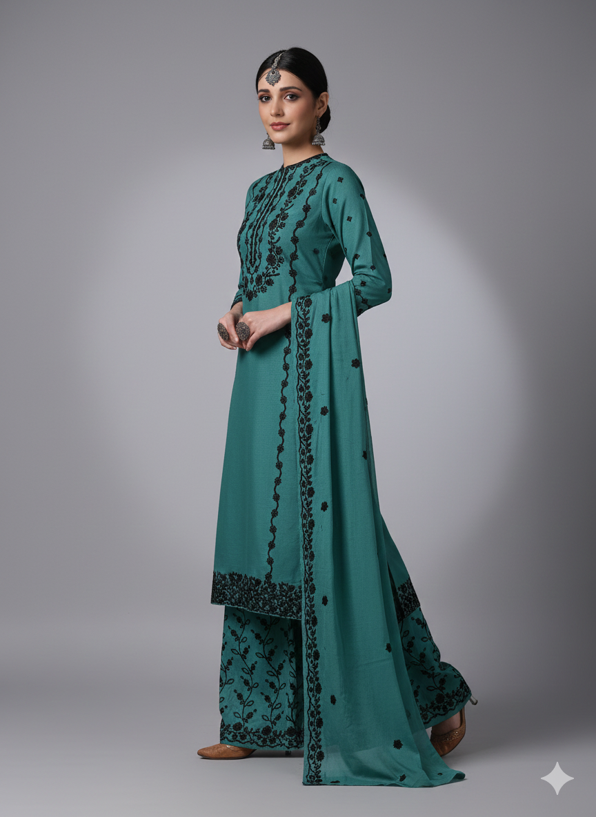 Teal Blue Embroidered 3 Piece Palazzo Suit Set - Elegant Office to Party Wear | Premium Daily Wear Kurta with Black Embroidery